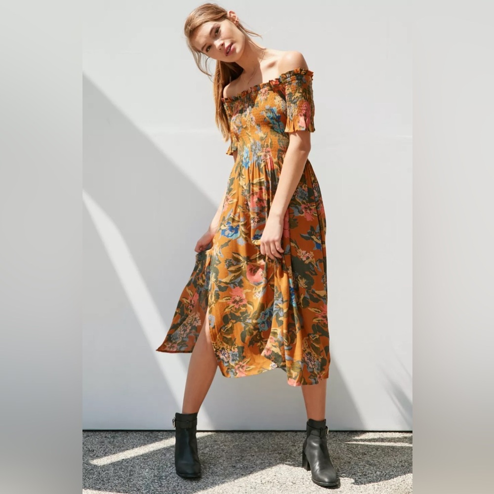 Urban Outfitters Kimchi Blue Off The Shoulder Smocked Midi Dress